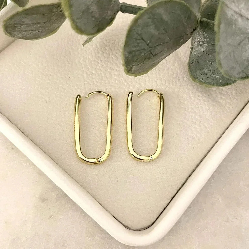 925 Sterling Silver Gold Oval Huggie Hoop Earrings Long U-Shaped Hoop Earrings - Picture 3 of 4